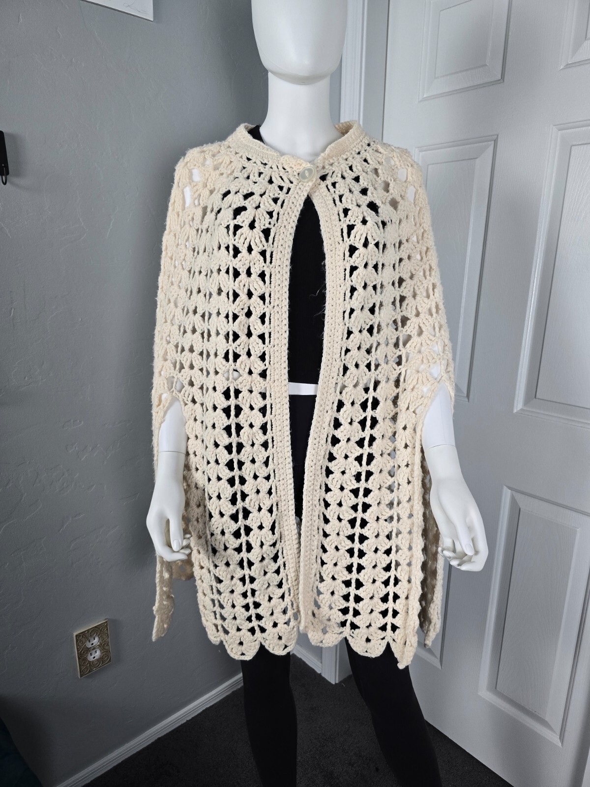 Vintage Crochet Poncho Shawl Cape Handmade Button Closure Side Slits EUC