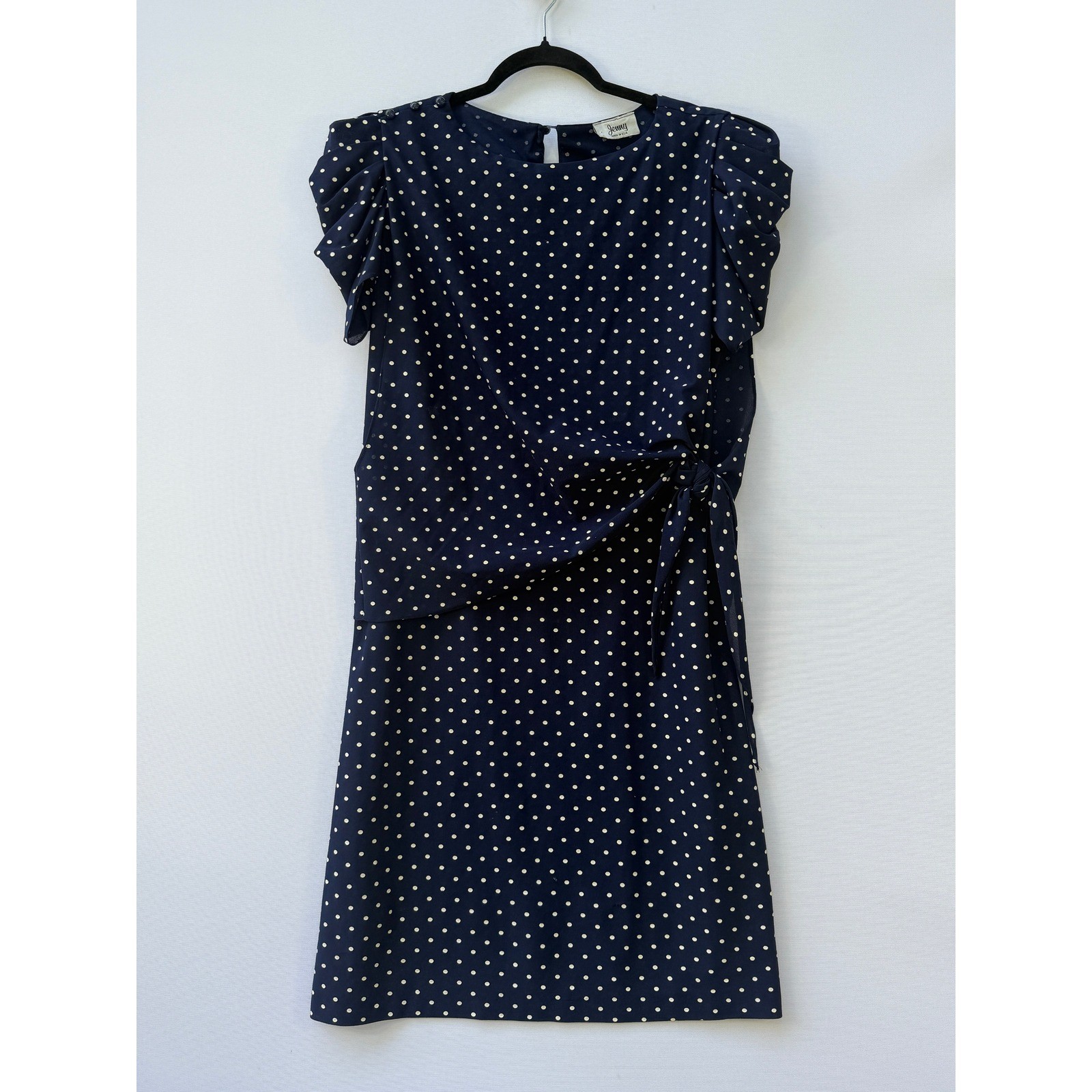 Jenny Women 10 Dress Vintage Navy Polka Dot Faux Wrap Rockabilly Office Nautical