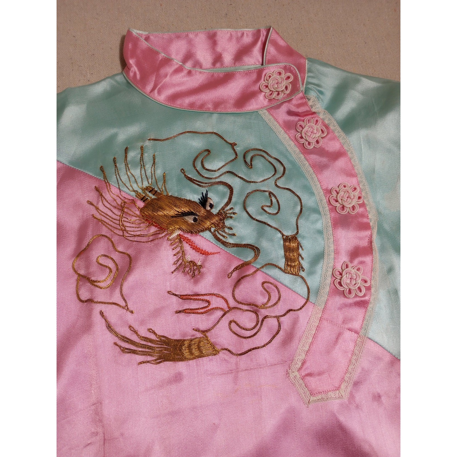 Vintage Pink Aqua Satin Dragon Embroidered Blouse Mandarin Collar
