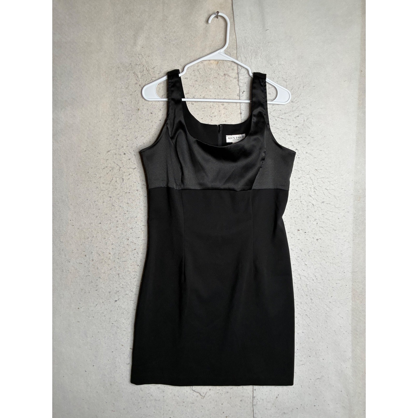 Alyn Paige Vintage Black Satin Crepe Mini Dress Sleeveless Square Neck Sheath