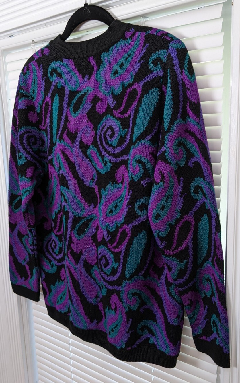 VTG 80s Women’s M/L Open Front Cardigan Sweater Paisley Shoulder Pads EUC