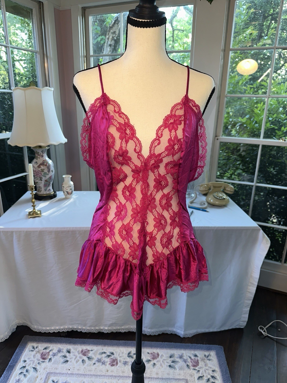 Vintage 70s Val Mode Hot Pink Teddy Lingerie Nightie Lace Medium Negligee Retro