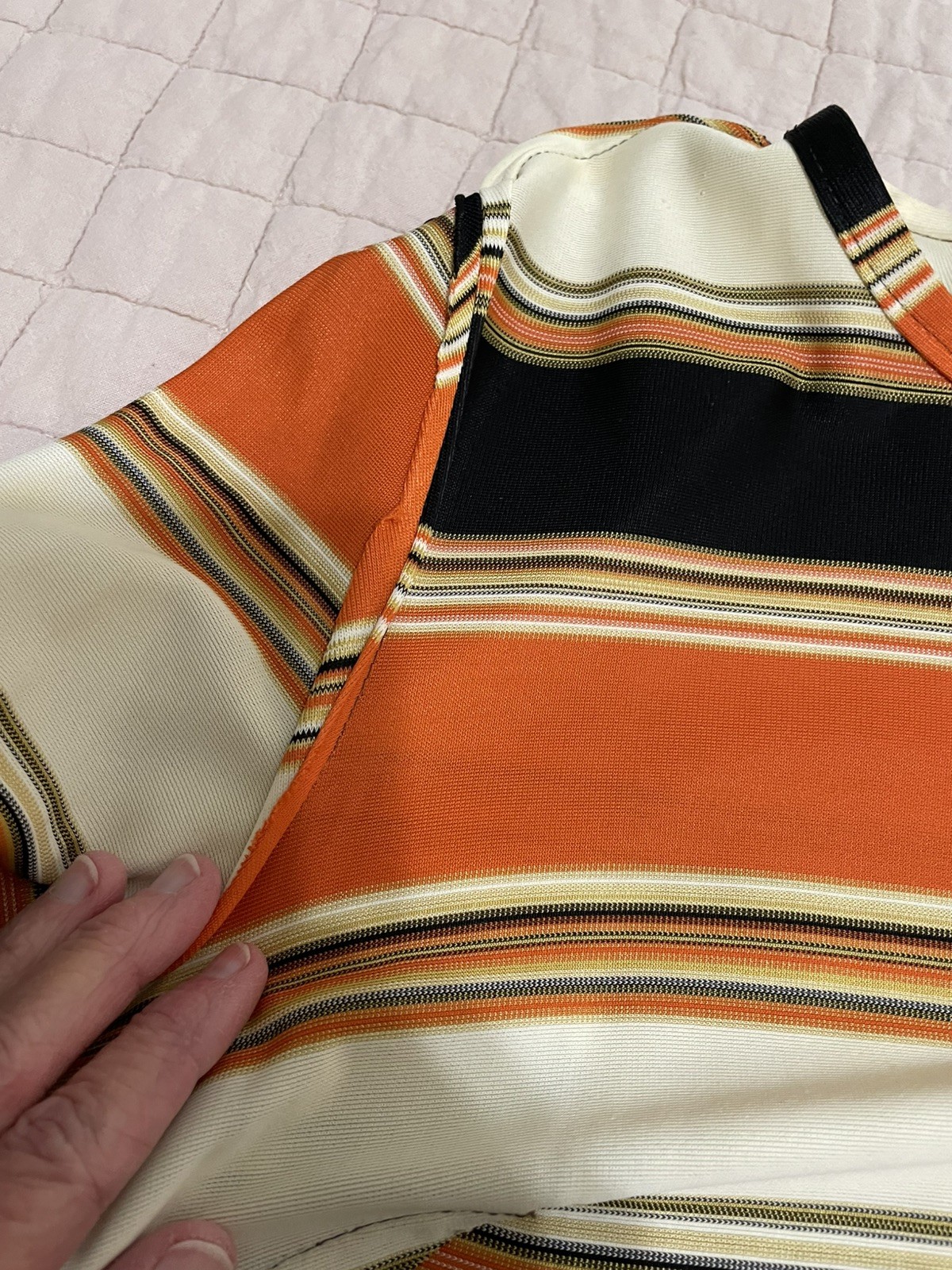 Hand Sewn Vtg 70s Midi Dress Orange Brown Yellow Sm/6 Long Sleeve Back Zipper **