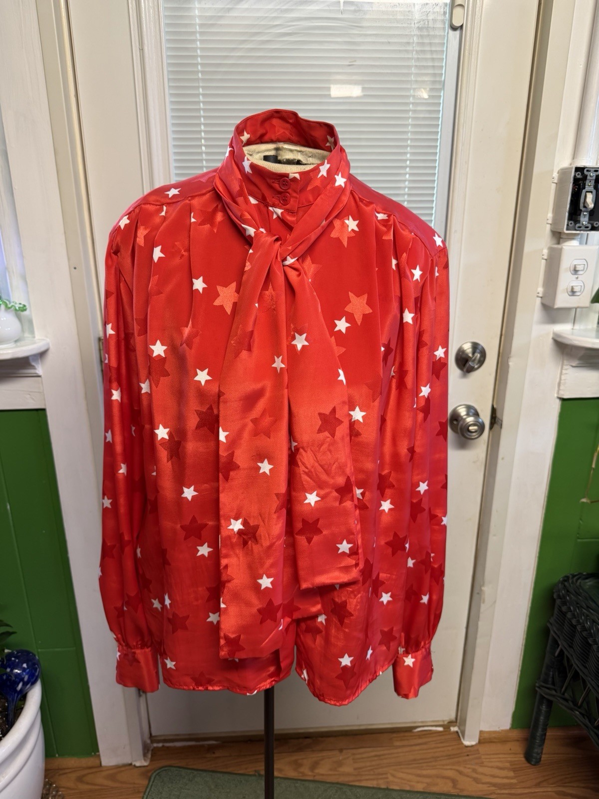 Vintage Patriotic Red JH Collectibles Blouse w/ White Stars And Neck Scarf Sz 10