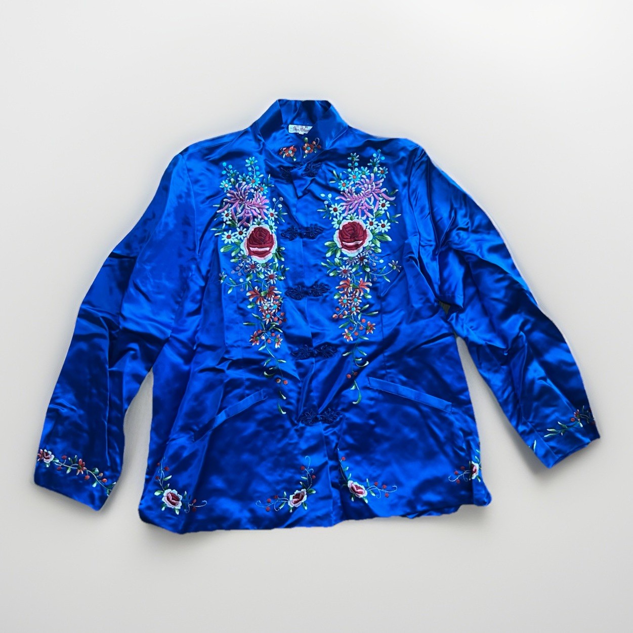 Vintage Plum Blossoms Blue Silk Jacket Chinese Heavily Embroidered Size 38