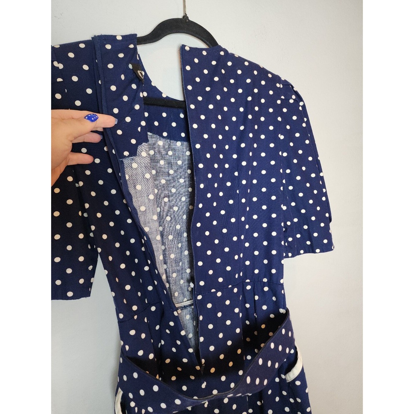 Vintage Choon California Dress Blue White Polka Dots Belt Pockets Est Size XS