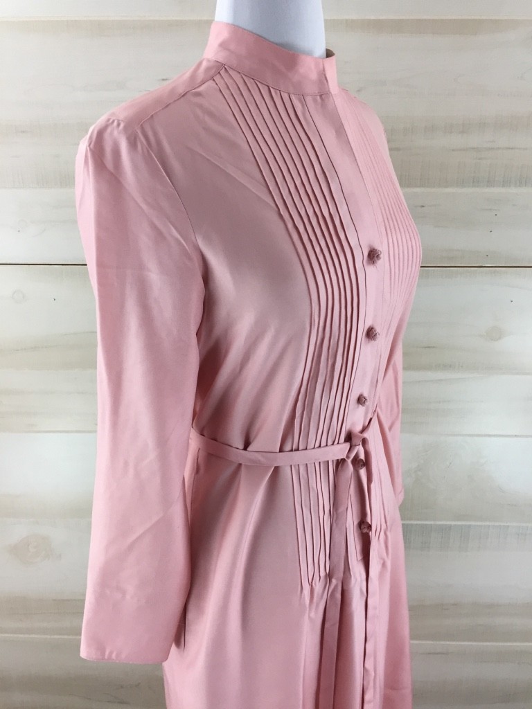 Vintage 70s 100% silk pink pin tuck belted tunic dress pockets mandarin collar M