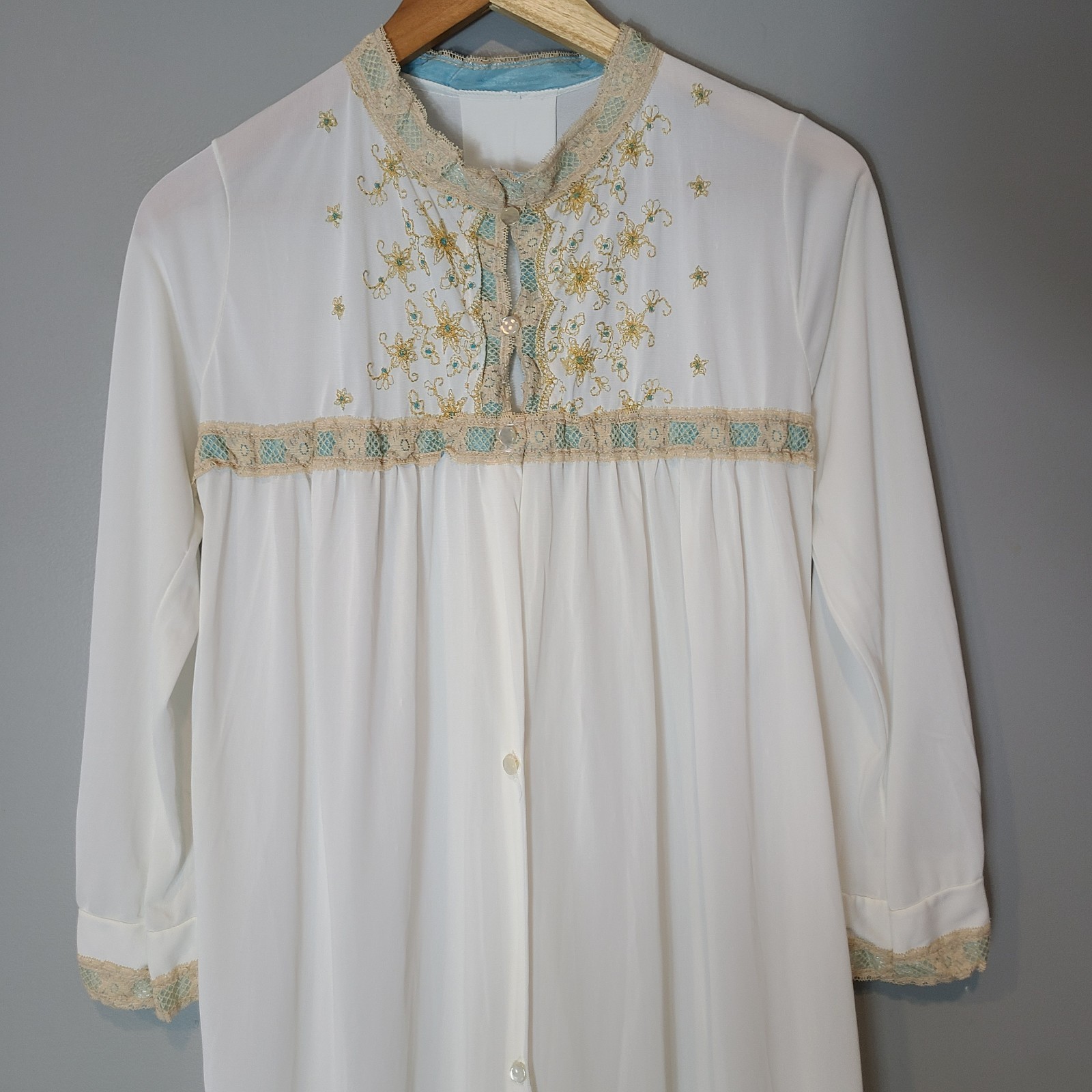 Vintage 1970s White Nylon Nightgown Lace Turquoise Gold Ren Faire Regency Fairy