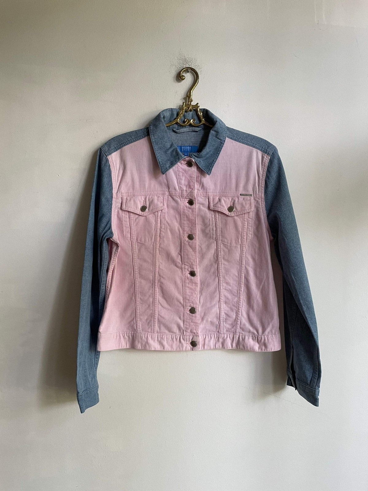 Escada sport denim jacket, Baby pink and light blue summer coat, Vintage high en