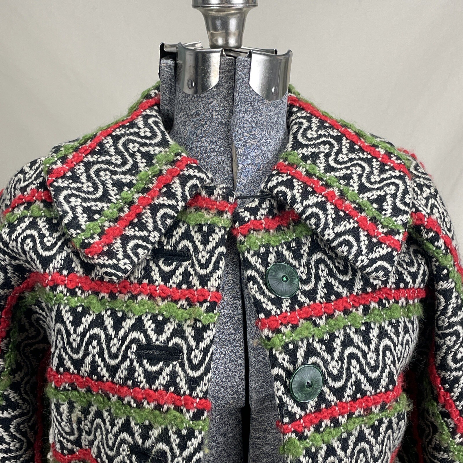 Vintage 60s Handmade Boucle Suit XXS Cropped Jacket Skirt Green Red Black