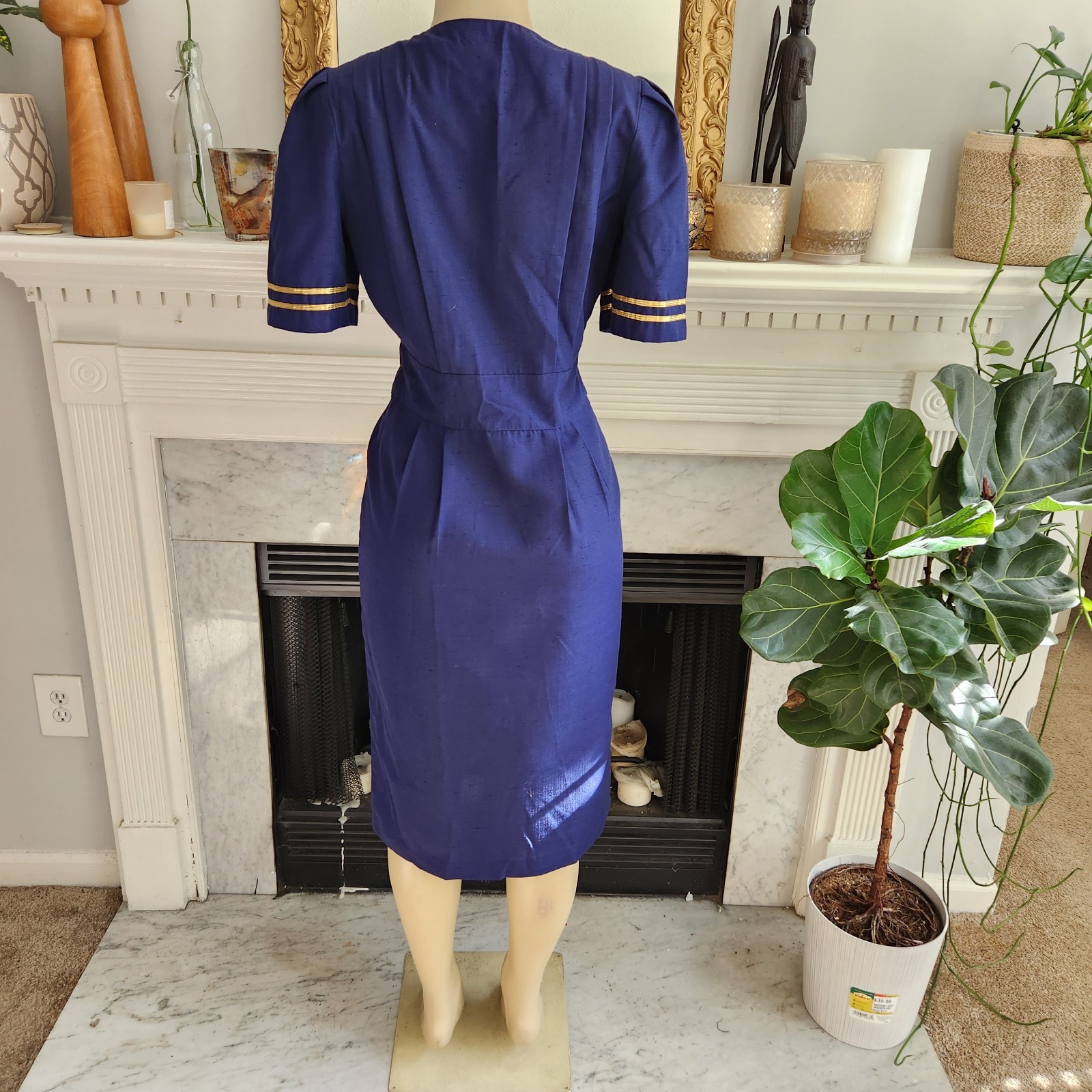 Vintage 80s Blue Midi Pencil Dress Military Nautical Office Pleated Size 6