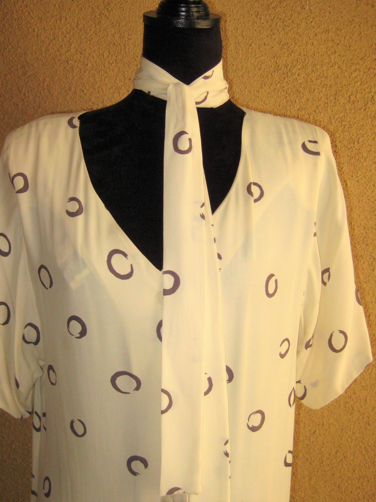 Vintage Warren Z I Magnin 80 cream abstract circles padded shoulder sheath dress
