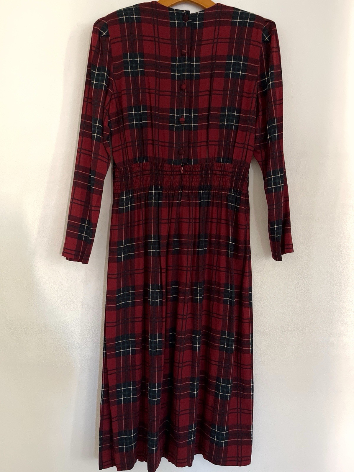 Karin Stevens VTG Dress S/M Petite Red Plaid Pleated Smocked Cottagecore