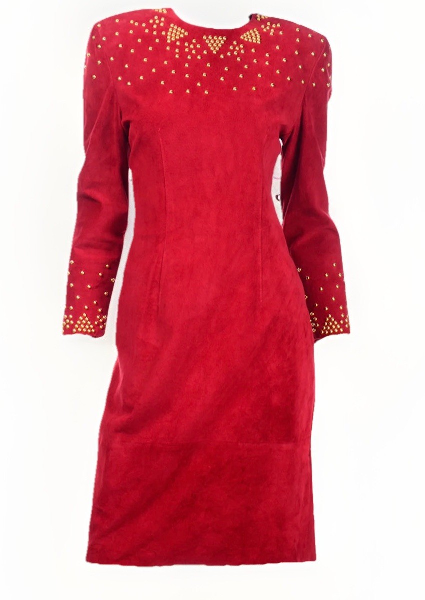 Vintage 80s 90s Pia Rucci Red Suede Leather Dress 12 NWT Gold Studded Party