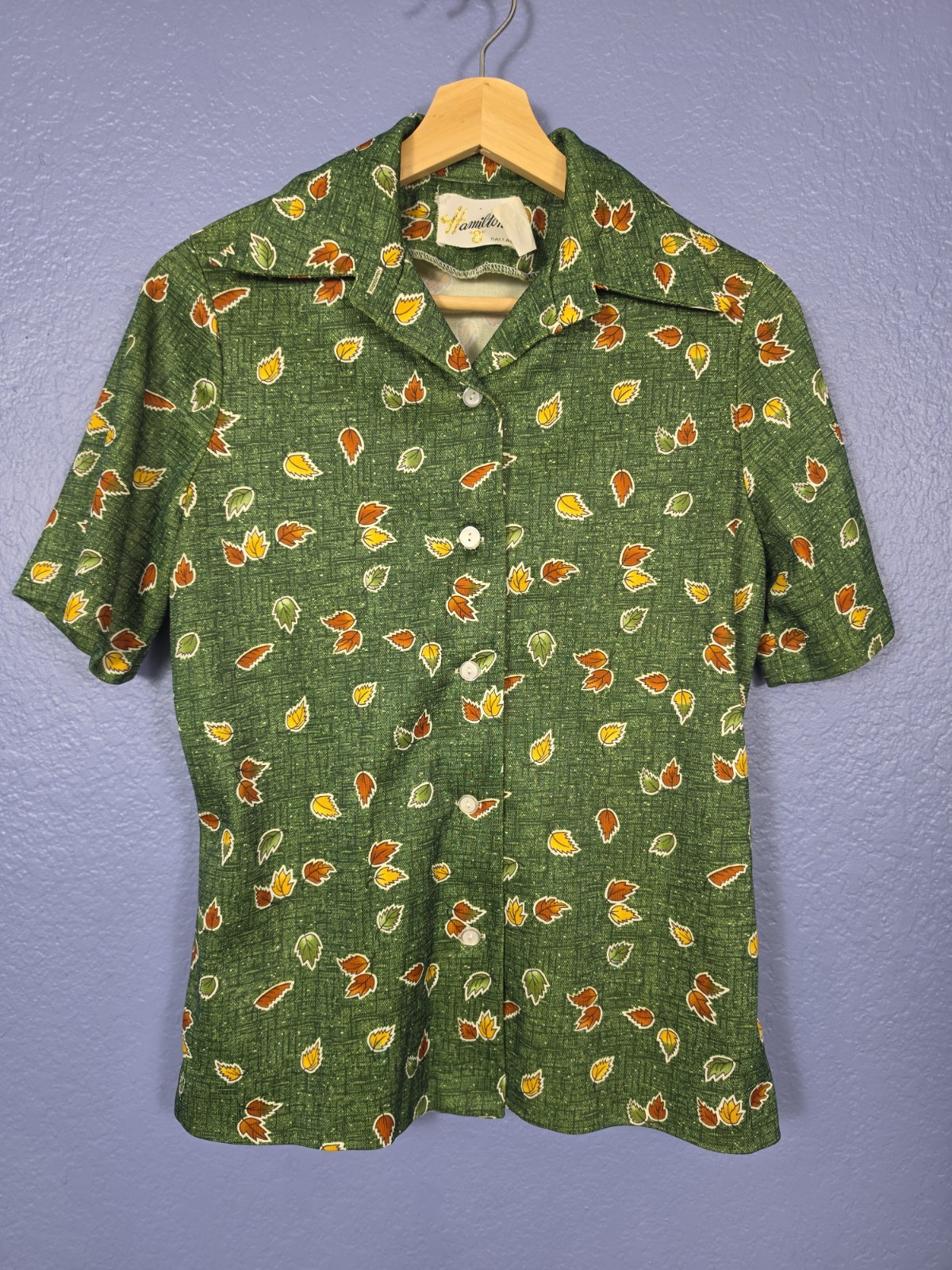 Vintage 70s Hamilton Dallas Autumn Leaf Print Blouse *As Is* Green S/M