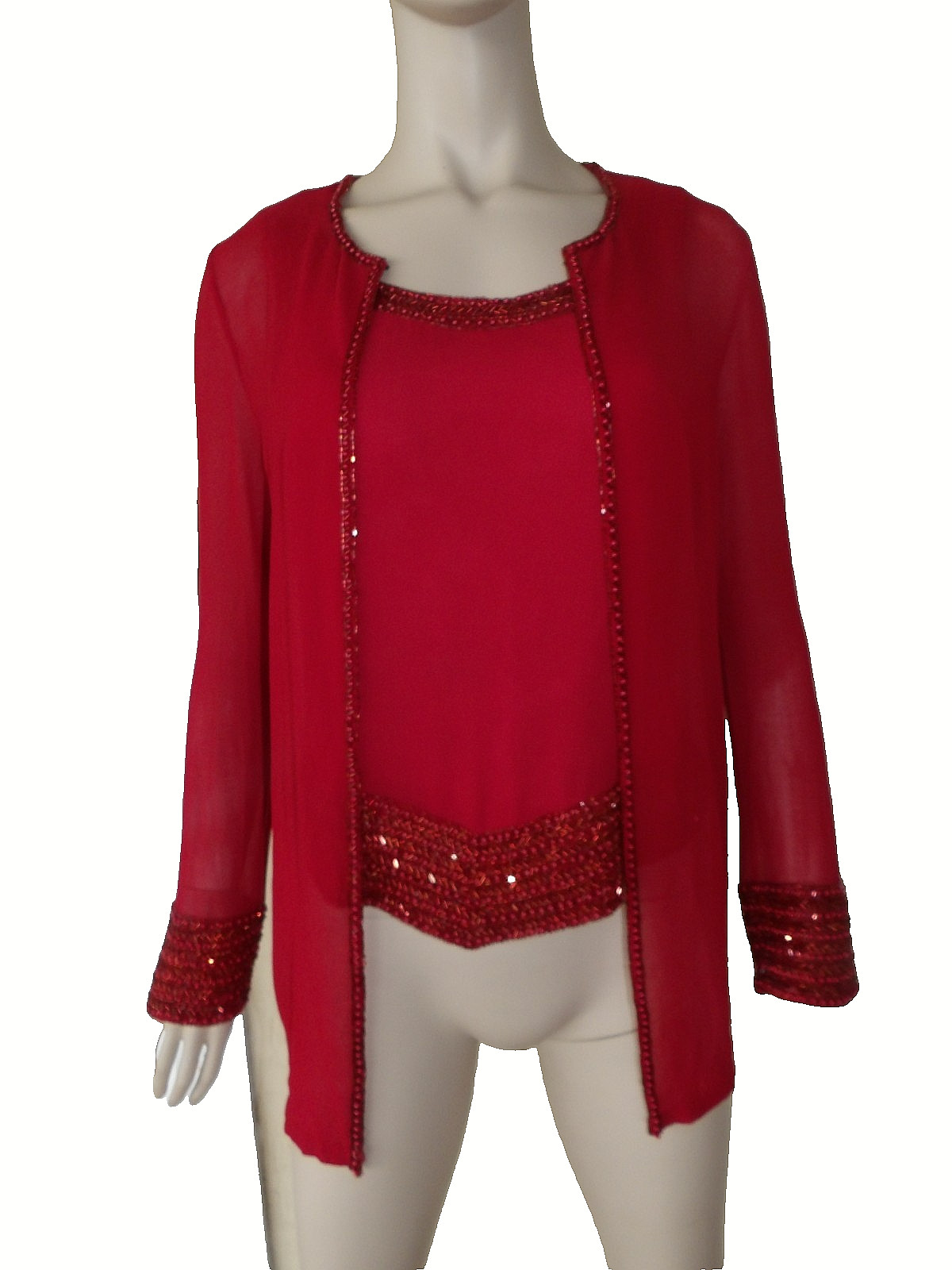 JKARA New York 8 M Cardigan Topper Jacket Tank Top Red Sheer Beaded Vtg 90s Retr