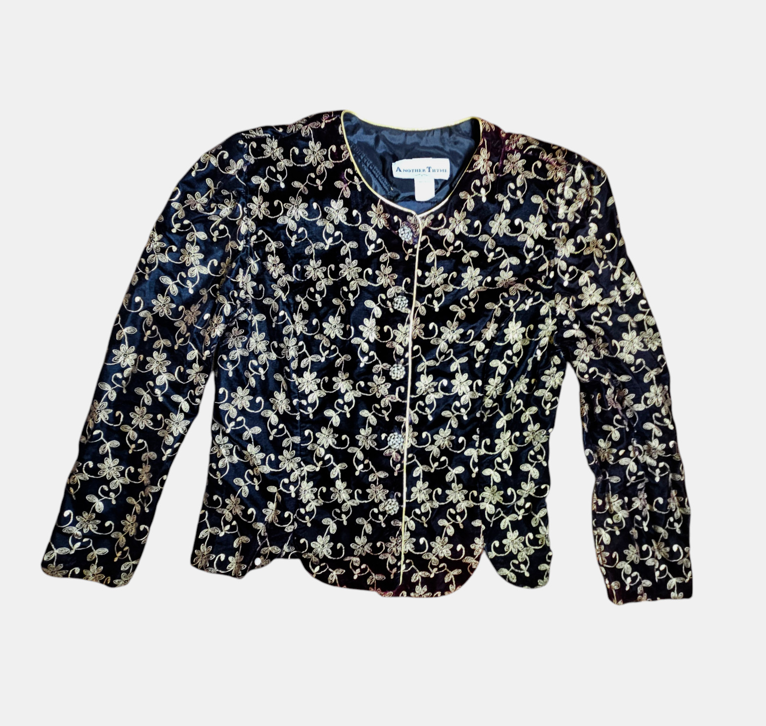 Vintage Another Thyme Golden Floral Embroidered Velvet Velour Jacket Womens 16