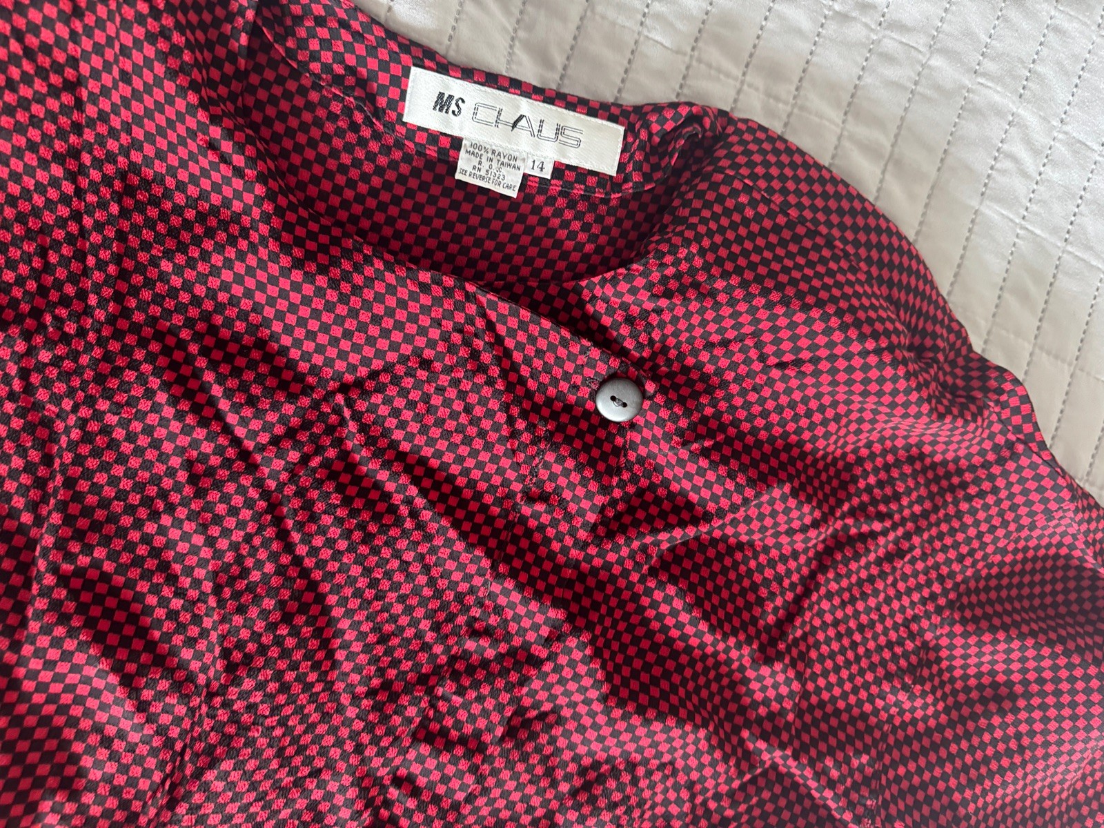 Vintage Ms Chaus Wrap Dress Red Black Check Rayon Midi Pockets Size 14 USA