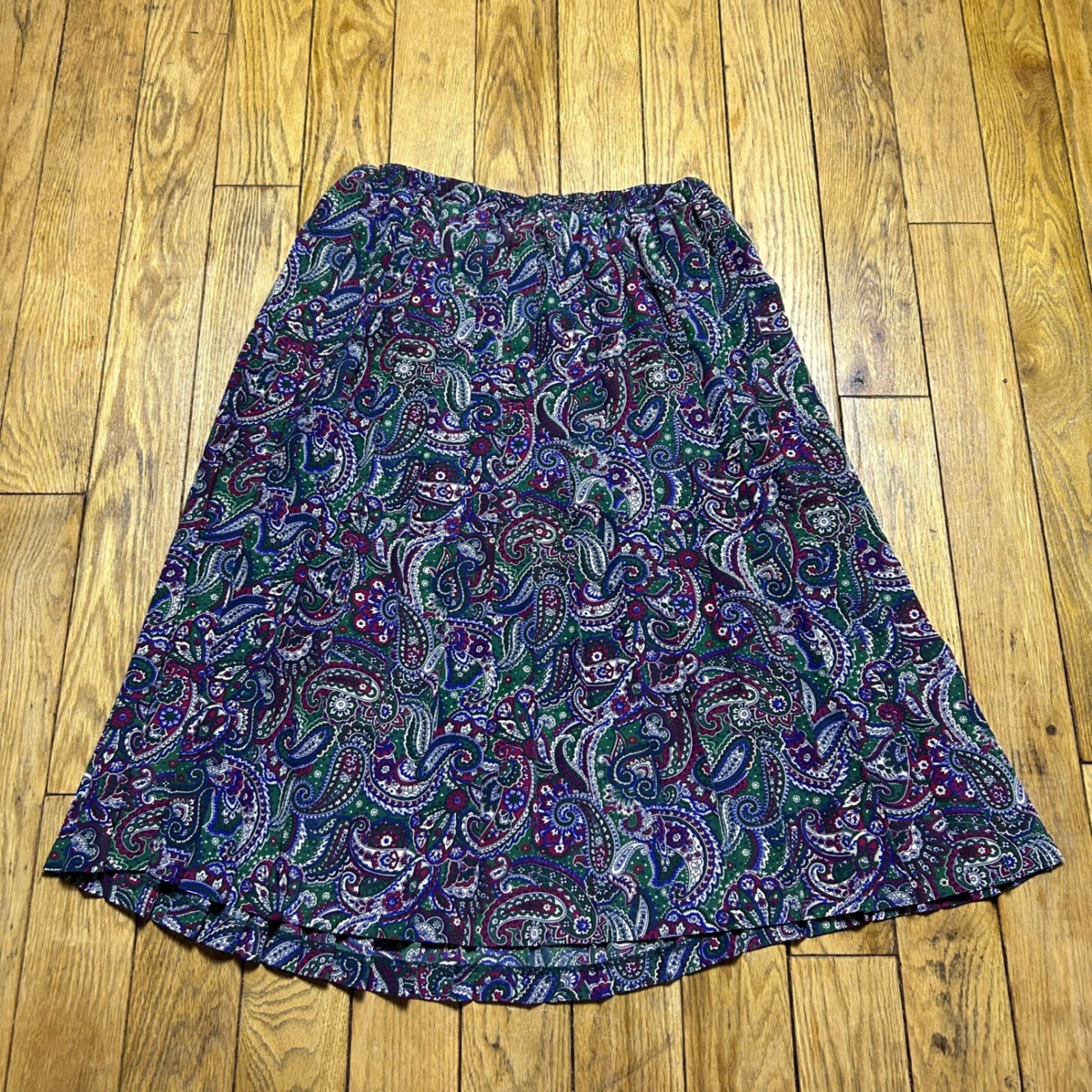 Vintage Leslie Fay Vintage Paisley Midi Skirt Green Purple Red Elastic 14P