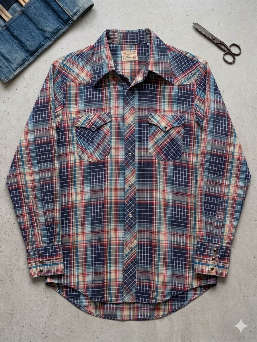 Wrangler Vintage 70s Permanent Press Pearl Snap Plaid Shirt Large Excellent