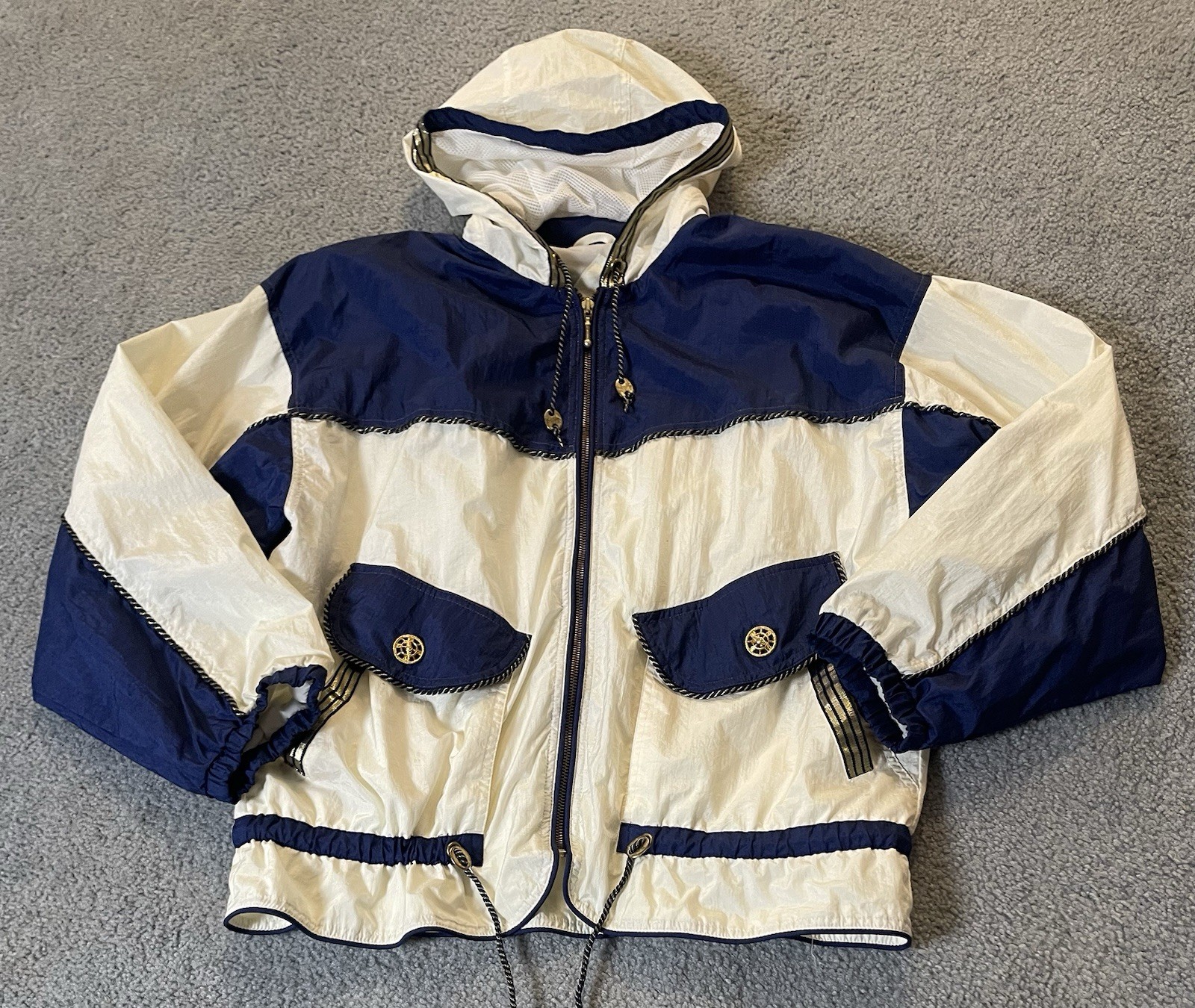 Vtg East West Windbreaker Hooded Jacket Womens M Full Zip Pockets Nautical