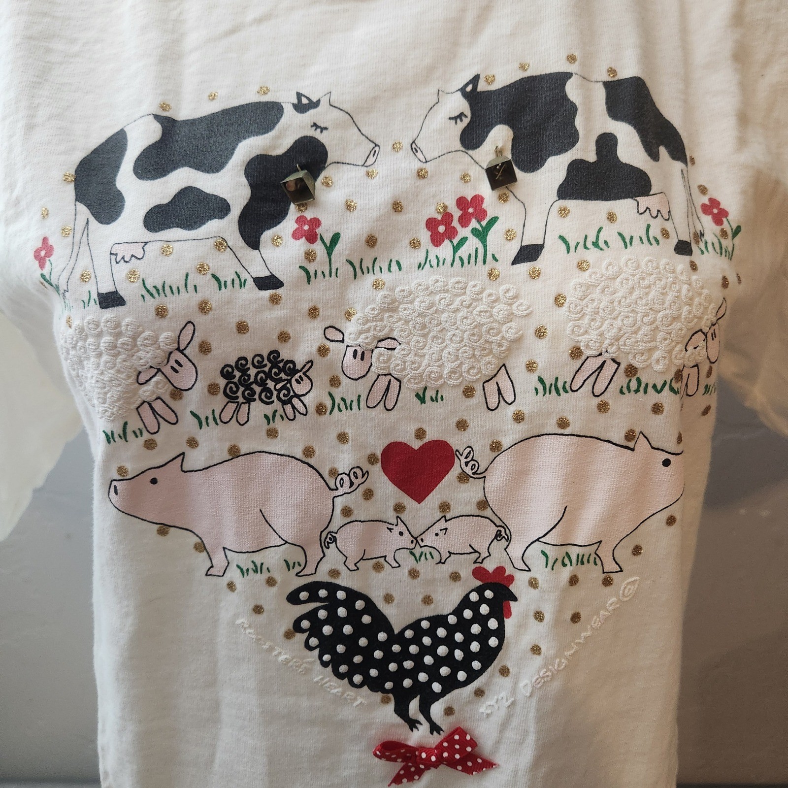 Vintage Oneita Power-T Farm Animal Heart T-Shirt Cream Size L 80s Made in USA