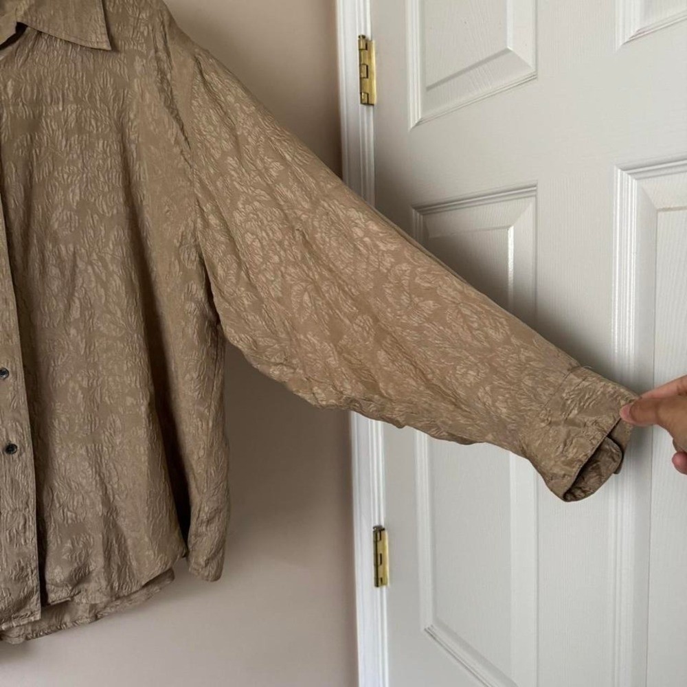 Vintage Taupe Silk Blouse 2XL flower button up brown tan