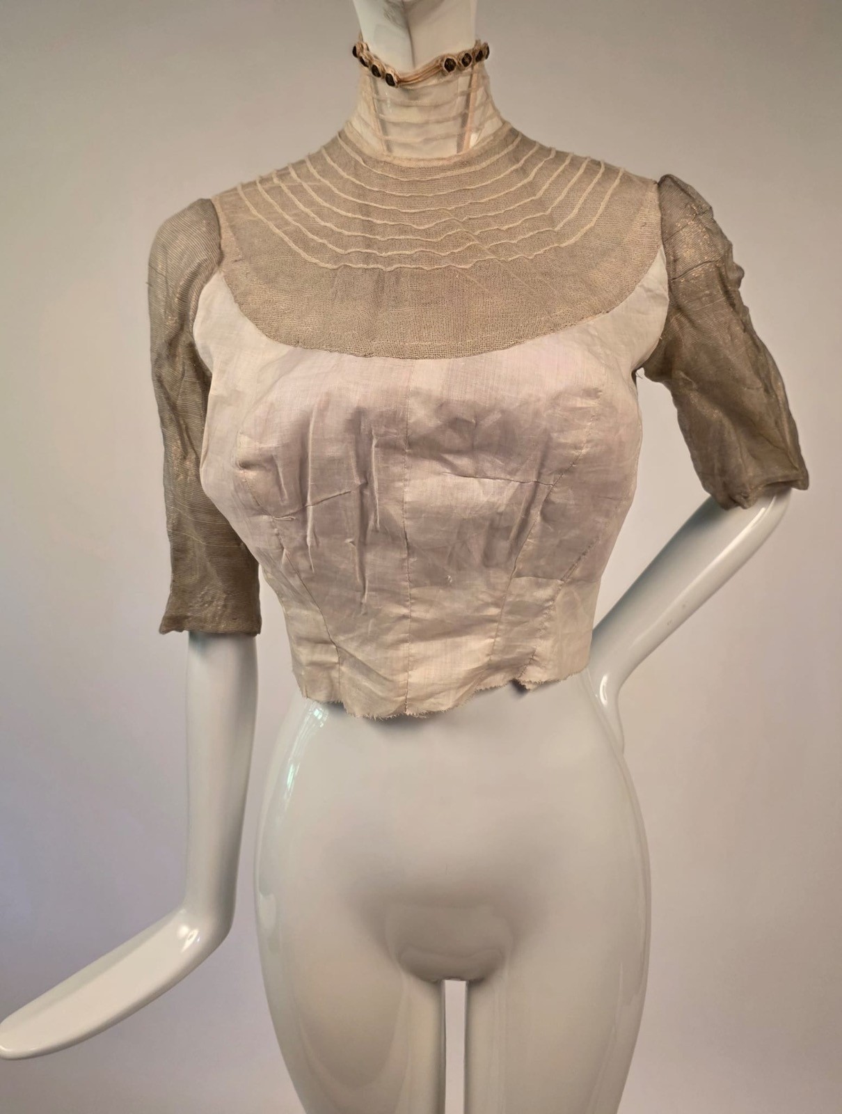 ANTIQUE EDWARDIAN METALLIC GOLD LAME TRIMMED UNDER BLOUSE W HIGH COLLAR