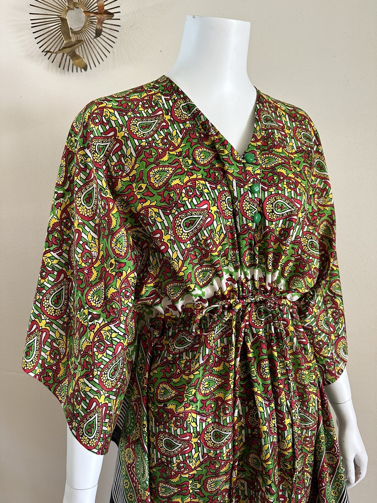 70s Handfabs Indian Block Print Caftan Dress Maxi Mumu Beach Cabana Pool 80s VTG