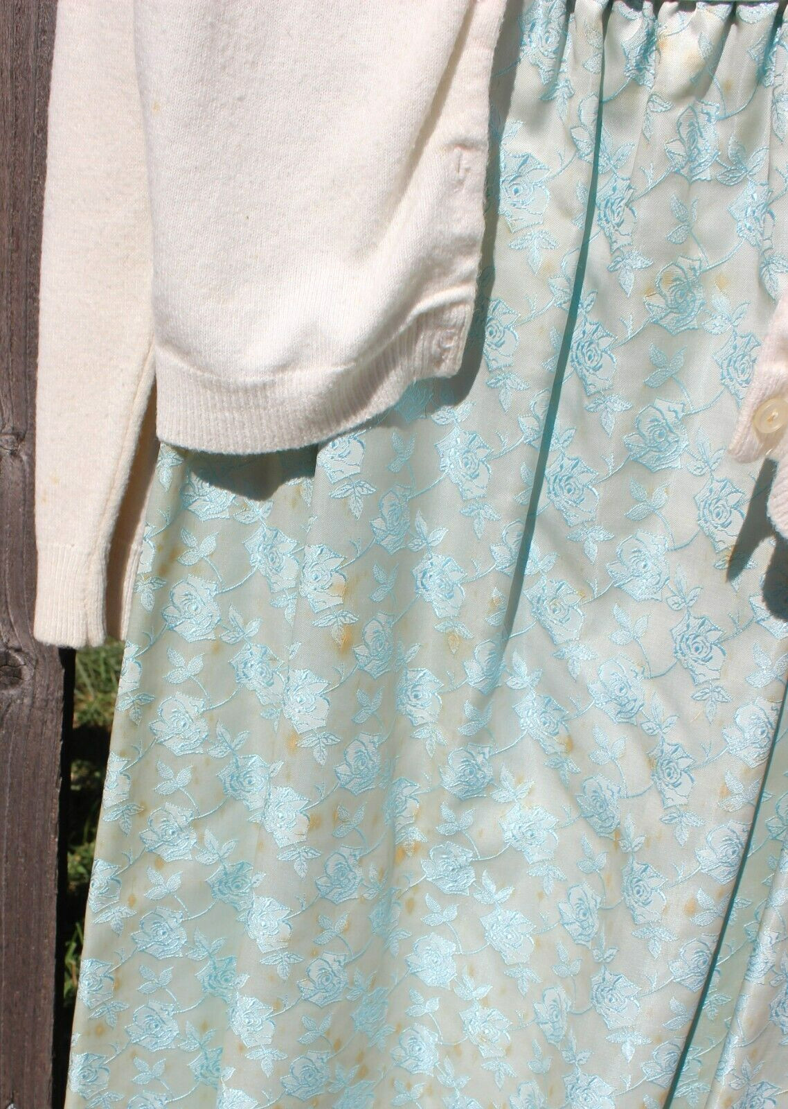 Vintage 1960 s Lacy Blue Gown, Cream Sweater, Nylons and Slip Small