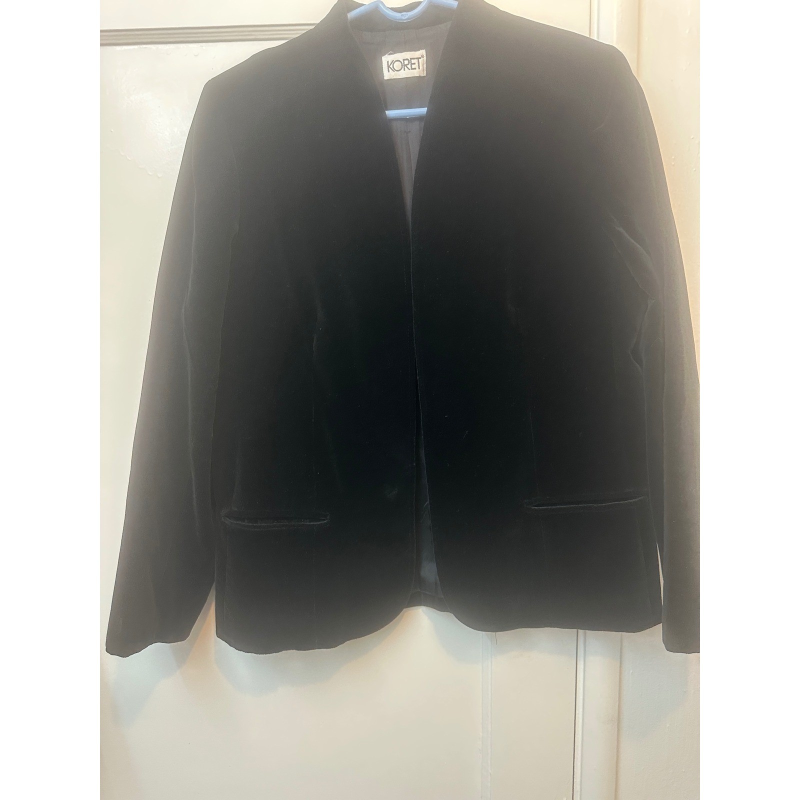 Vintage Koret Black Velvet Blazer Open Front Collarless Union Made Jacket L