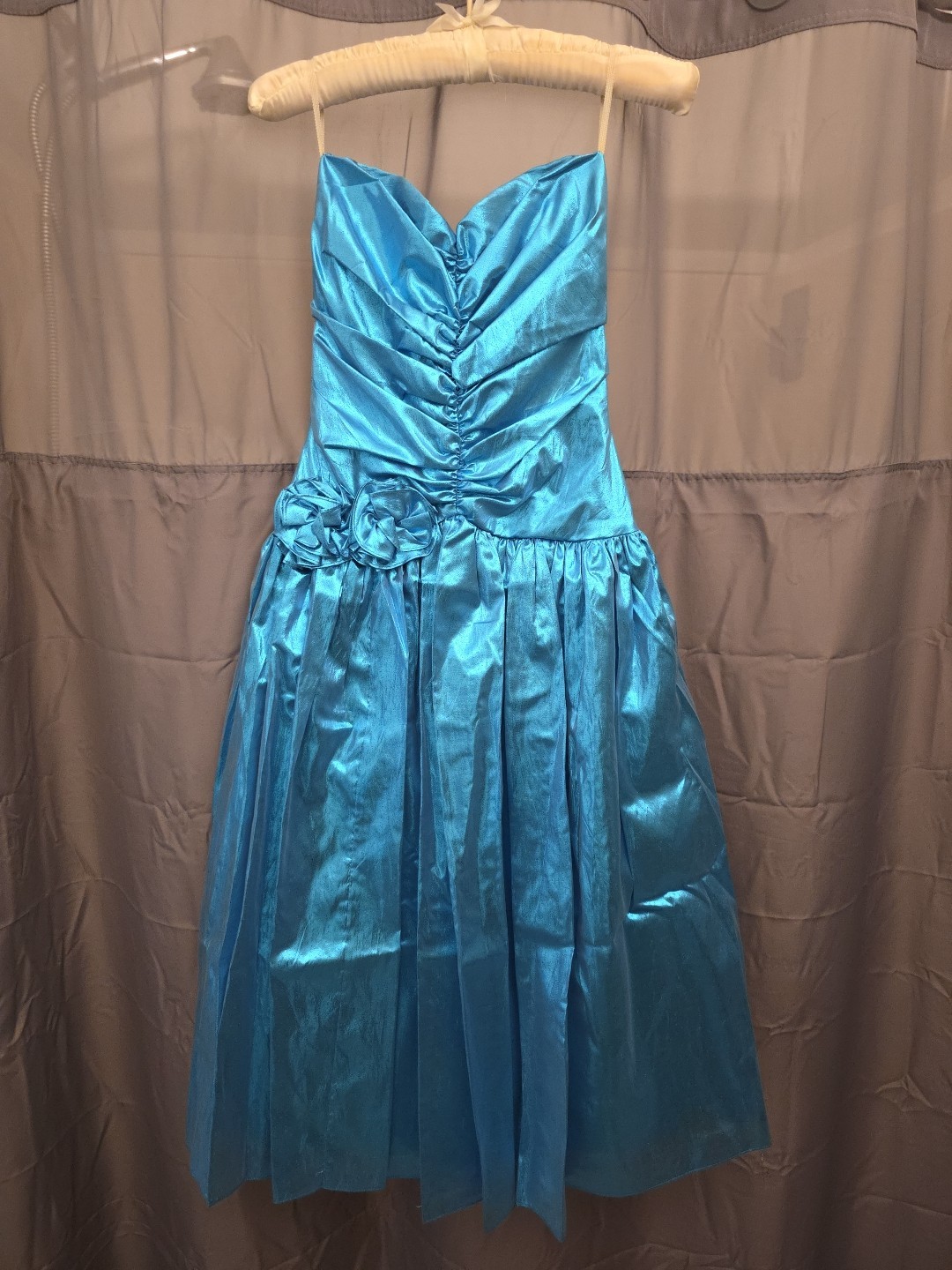 Vintage Blue Satin Strapless Prom Dress Cocktail Party Formal Ruched Bodice Fit