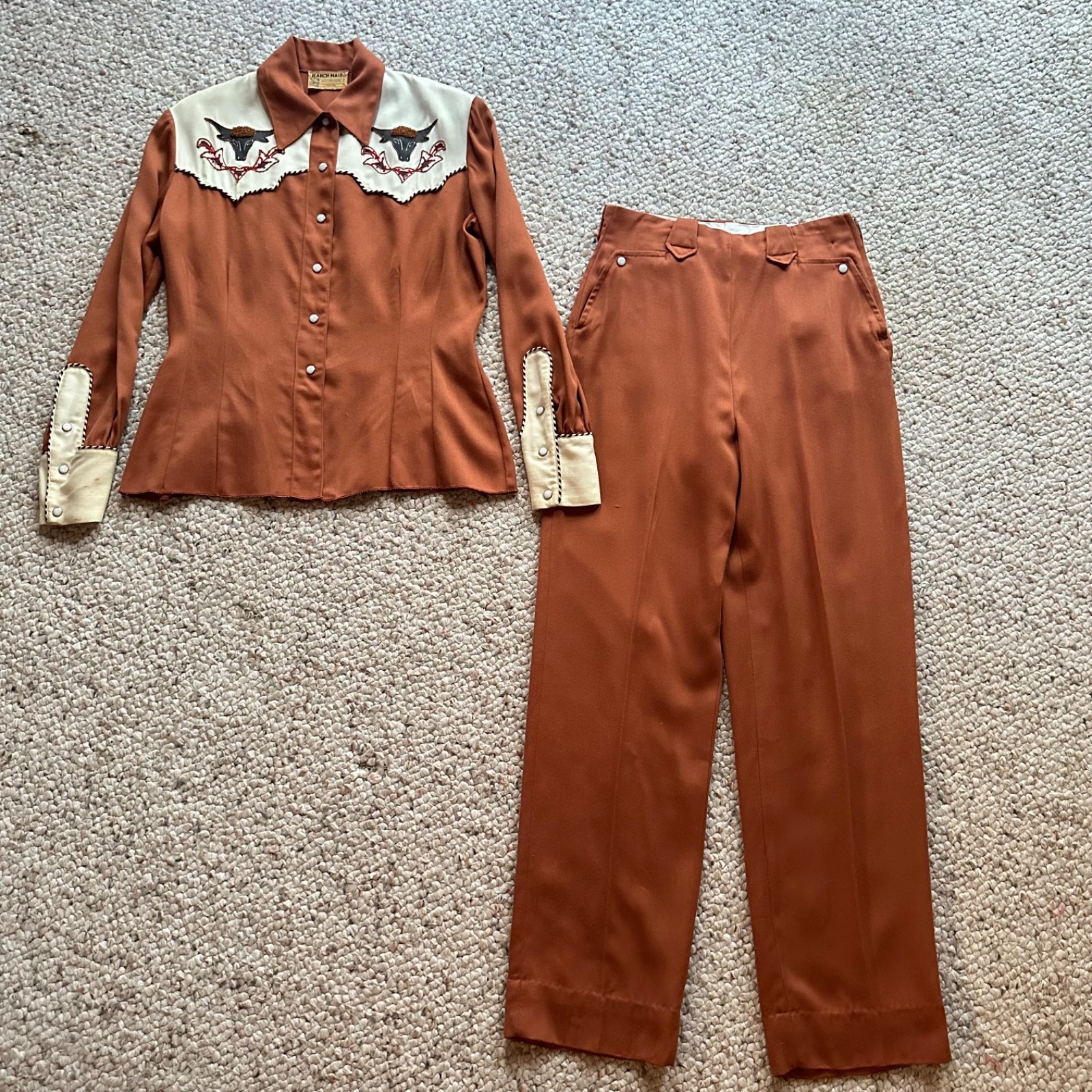 Vtg 1940s Embroidered Ranch Maid Western Wear 2 PC Shirt Pants Suit Rockabilly S