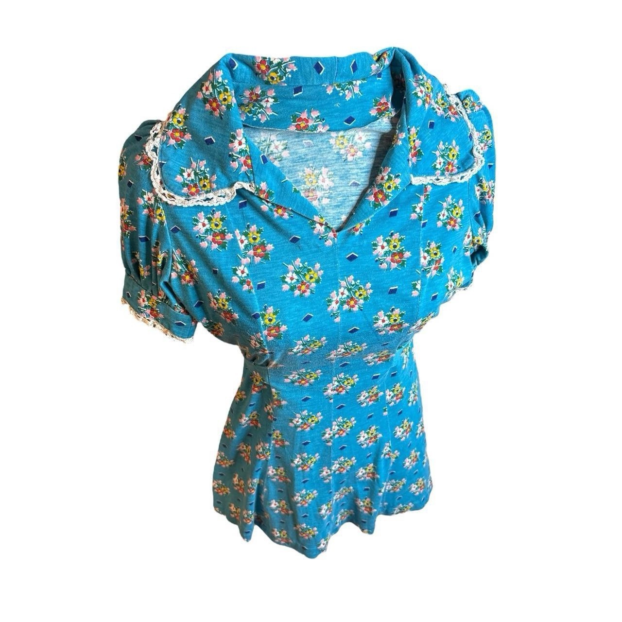 Handmade Vintage Flower Dress With Ruffle Sleeves In Blue.