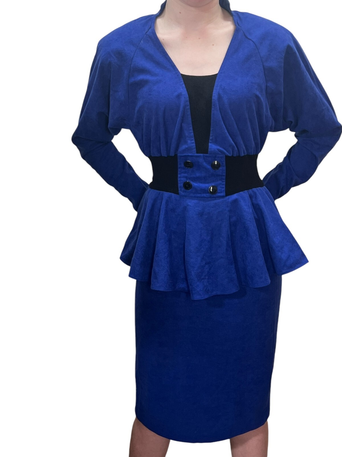 XS~S Vtg 80s Sz 3/4 Blue Velour Dress Peplum Pencil Skirt Dolman Sleeve T Junior