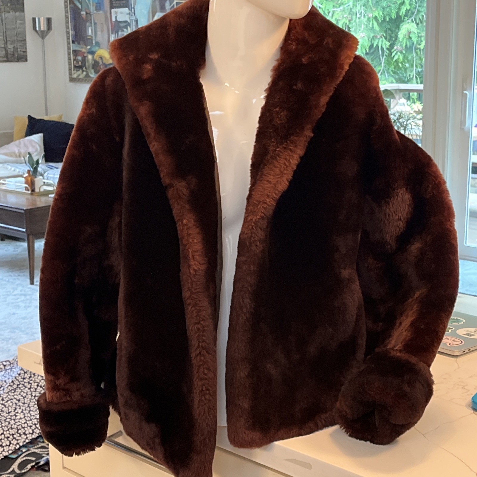 Vintage Brown Real Fur Jacket With Shawl Collar and Satin Lining. S/M