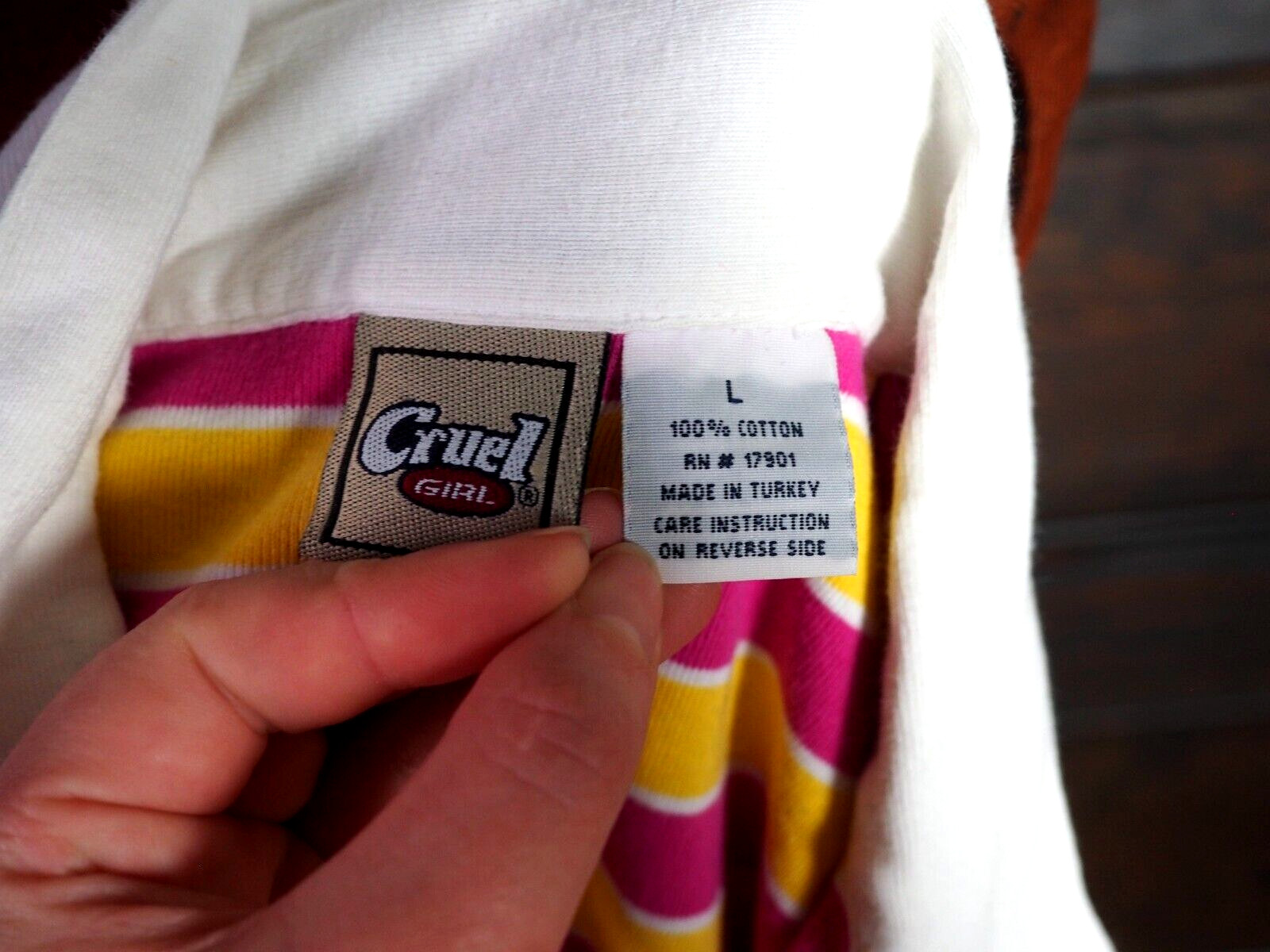 VTG 90s Y2K Cruel Girl Pink Yellow Stripe Retro Collar Polo Tee Tshirt Sz L