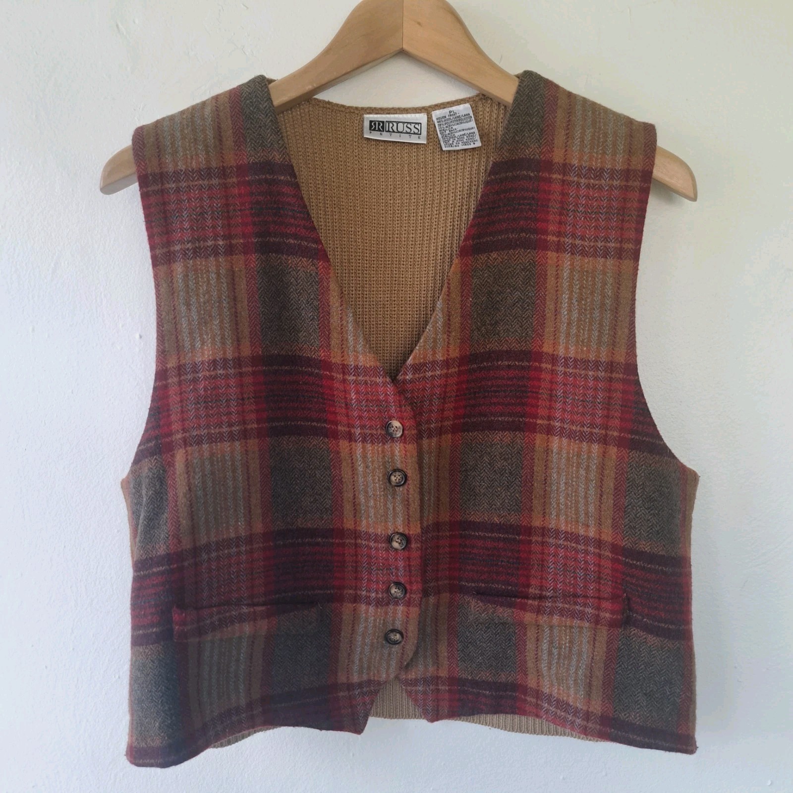 Vintage Russ Petite Large 90’s Wool Plaid Vest Red Brown Liz Claiborne Zip Up