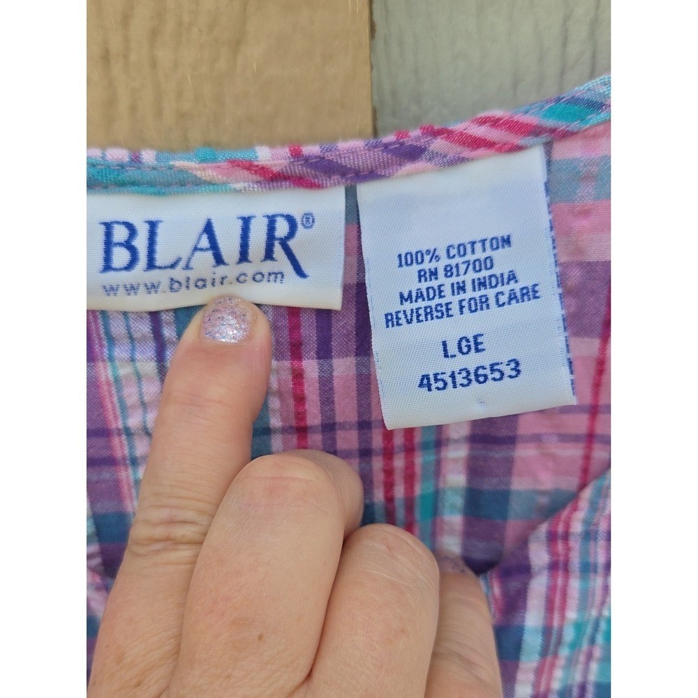 Vintage Button Front Midi Shirt Dress Large Plaid Pocket Cotton Seersucker Patio