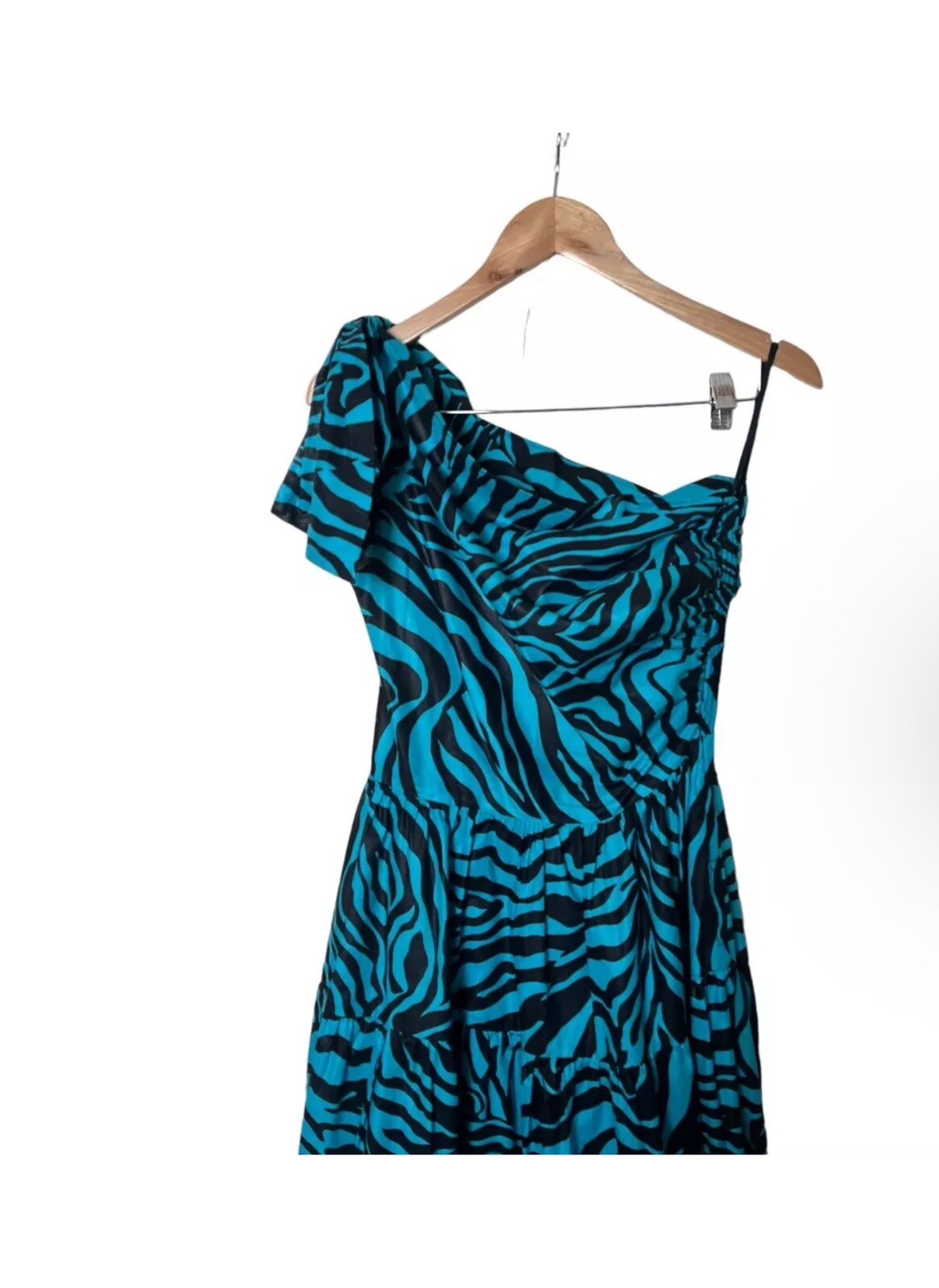 Vintage 70s 80s Mollie Parnis Studio Aqua Black Stripe One Shoulder Dress 2 4