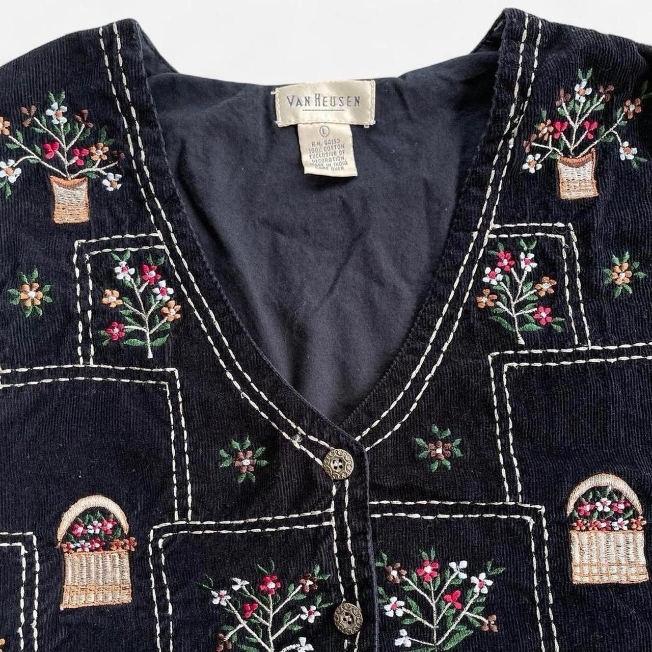 Vintage Van Heusen Dark Navy Blue Corduroy Embroidered Flowers Button Front Vest