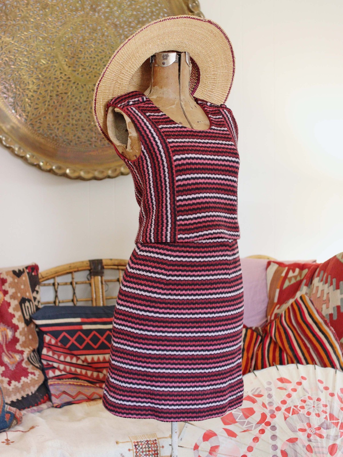 Vtg 1960s Retro Knit Striped Mini Skirt Sleeveless Crop Top Set Mod Mid Cenurty