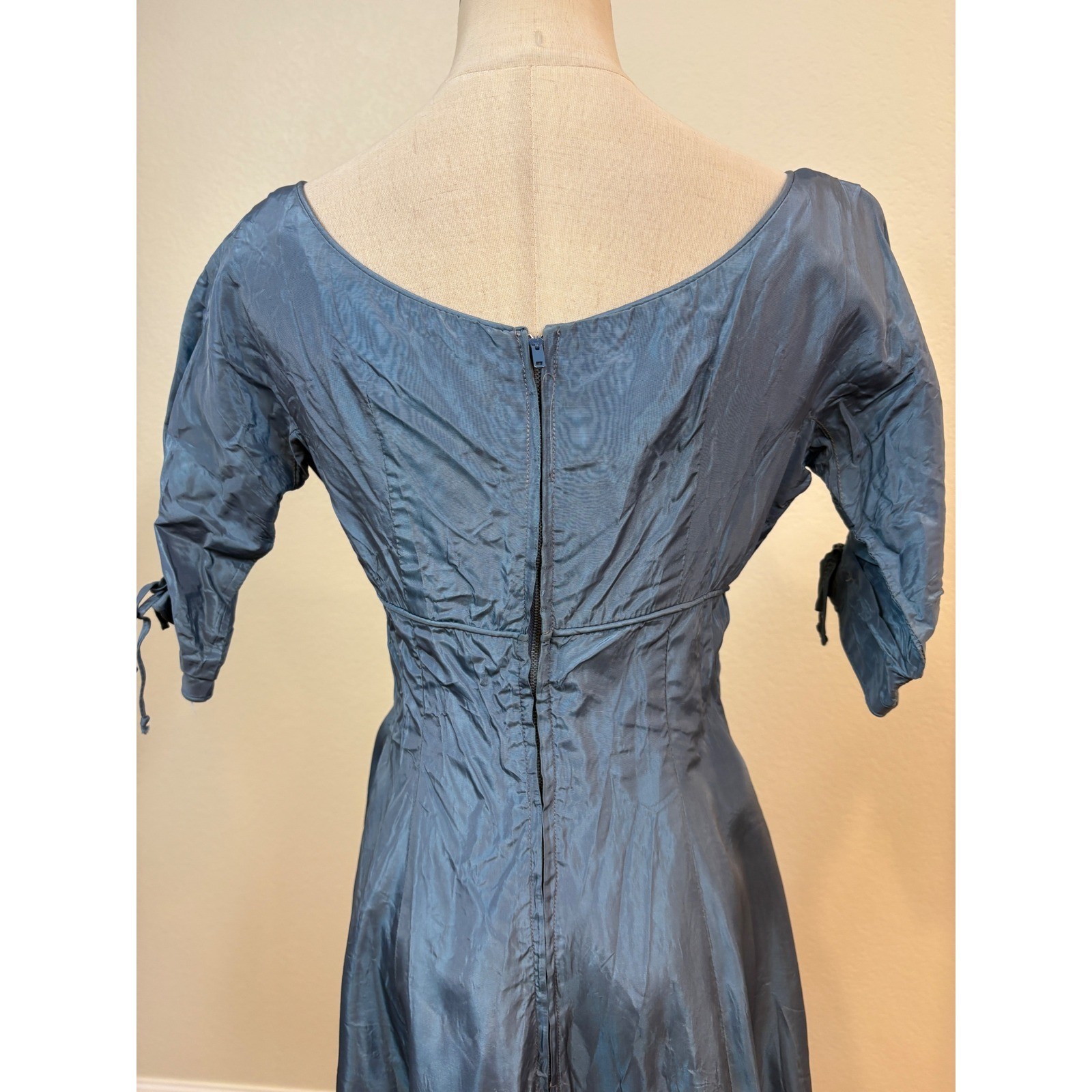 Vtg 50s Dress S Blue Taffeta Rhinestone Mid Century Cocktail Party Rockabilly