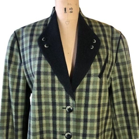 Vintage 90s wool checkered olive green and black blazer jacket, Plus size XL