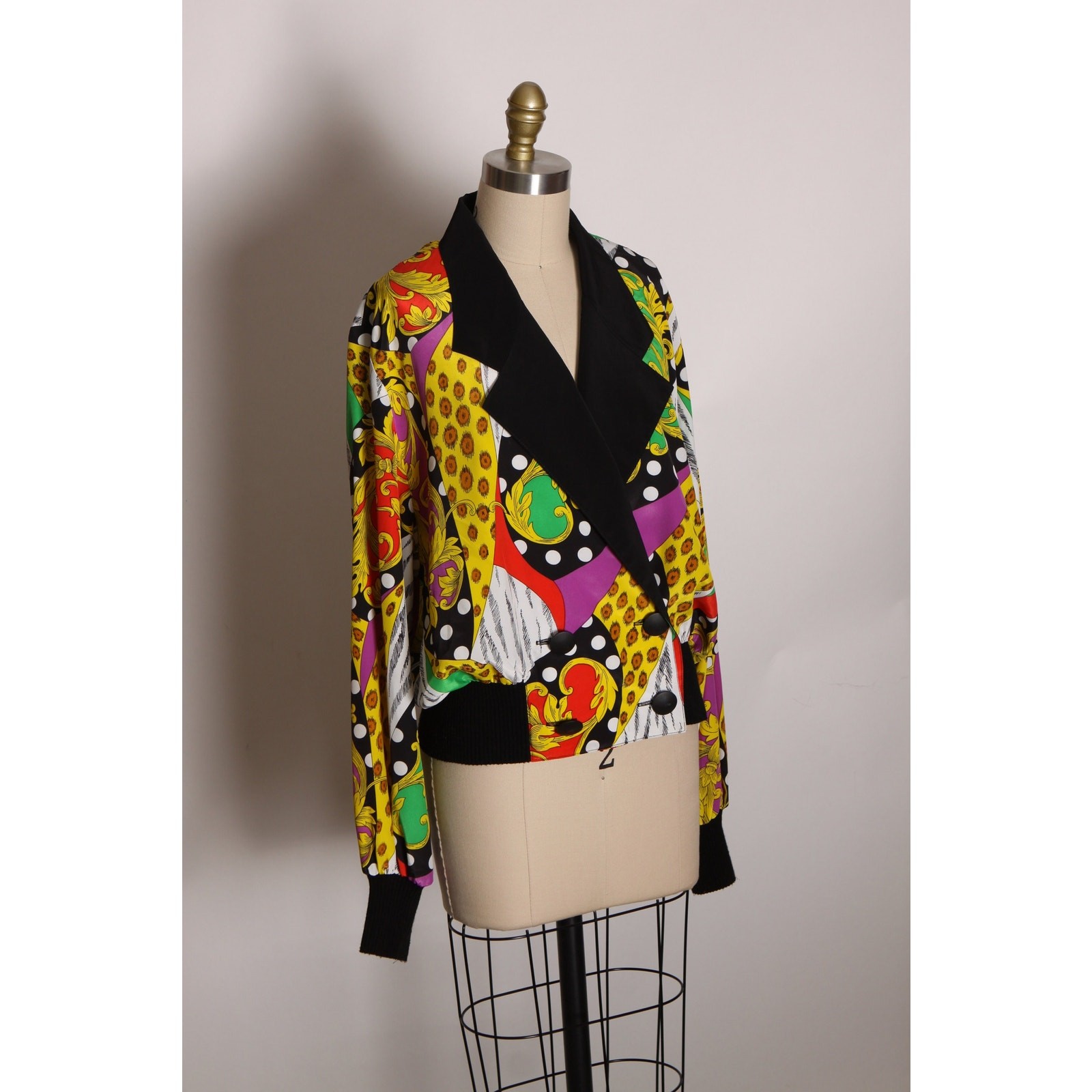 1980s Multi-Colored Long Sleeve Abstract Geometric Blouse by Caron