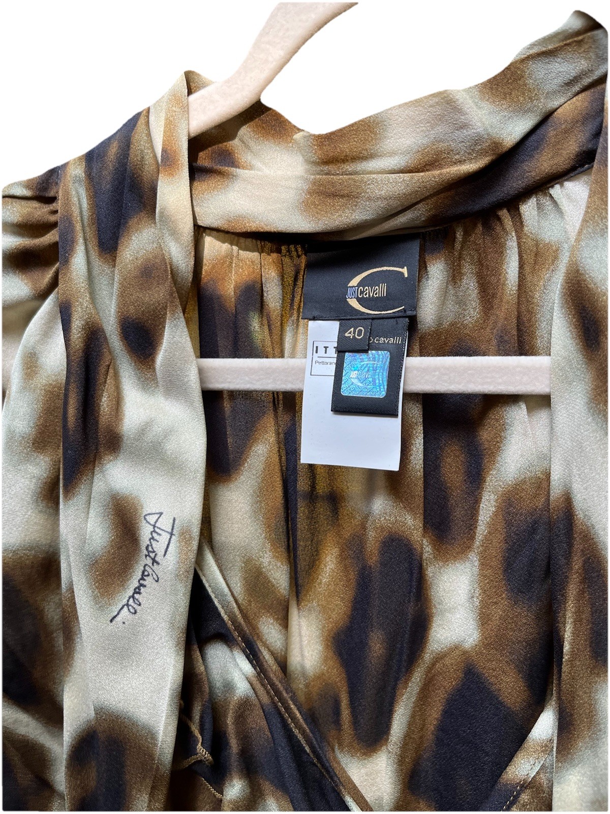 JUST CAVALLI VINTAGE Camouflage Top Short Sleeve Tie Ruffle Buttons Italy 42