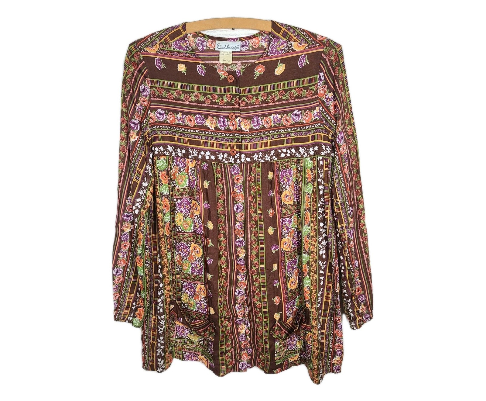 Vtg 70s Border Print Tunic Button Front M L Aileen Pennington Smock Brown Floral