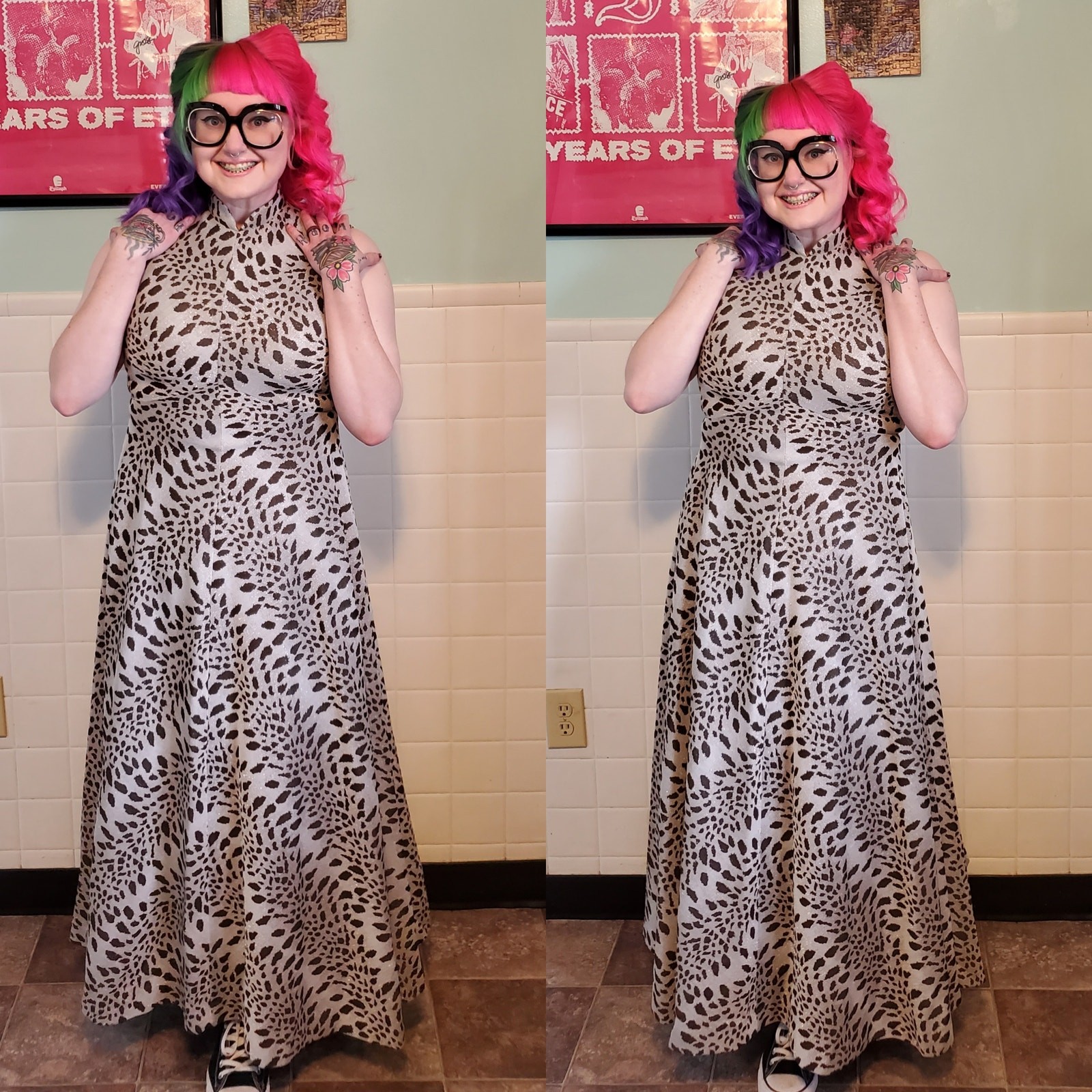 Vintage 70’s 80’s Gray Brown Cheetah Leopard Print Pattern Maxi Dress Gown