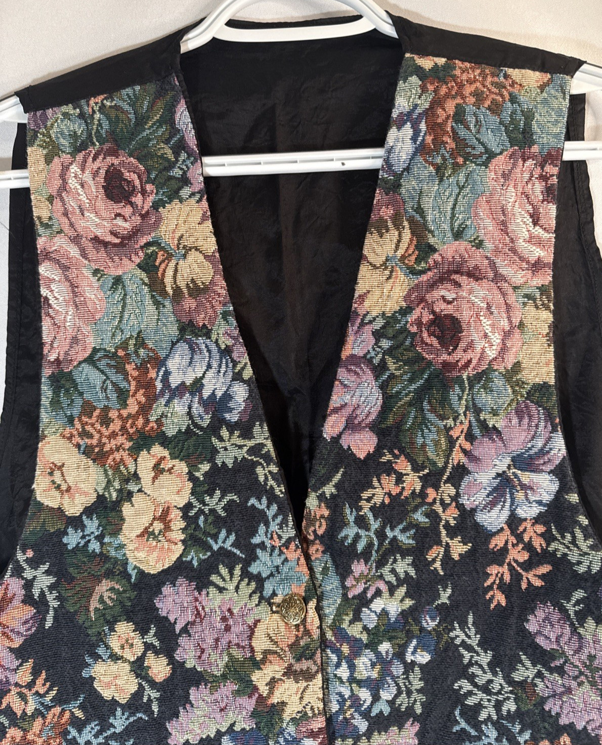 Vintage 90s Woven Floral Multicolor Vest with Black Back and Lining Size M