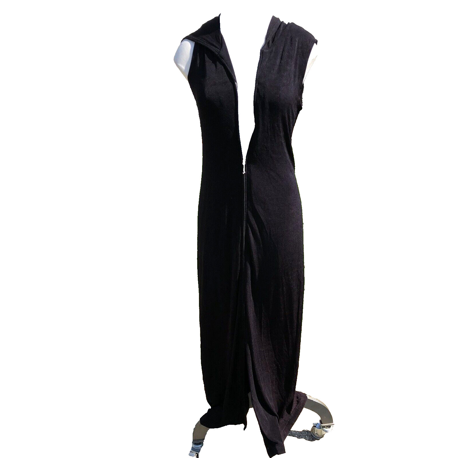 Vintage 90s long Dress Goth Vamp Full Zip Hooded Stretch Bodycon Witchy
